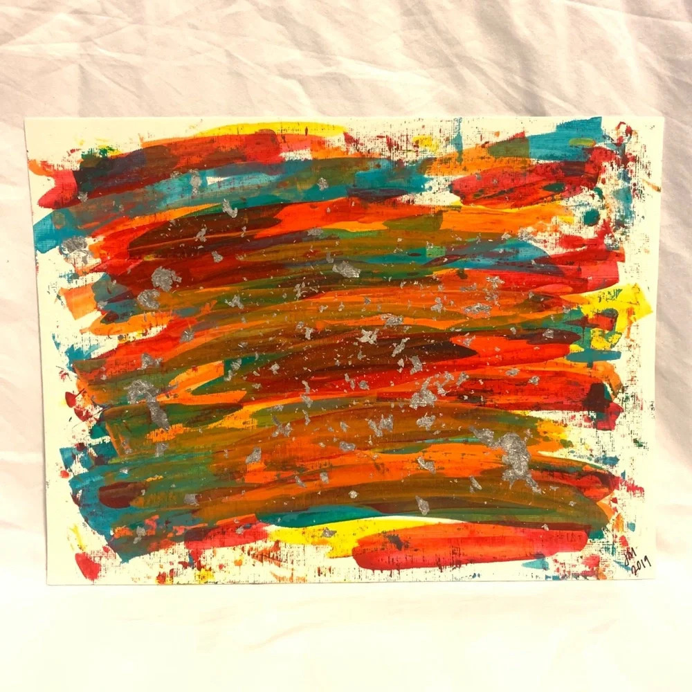 Red, olive, teal, yellow & orange ORIGINAL 9x12